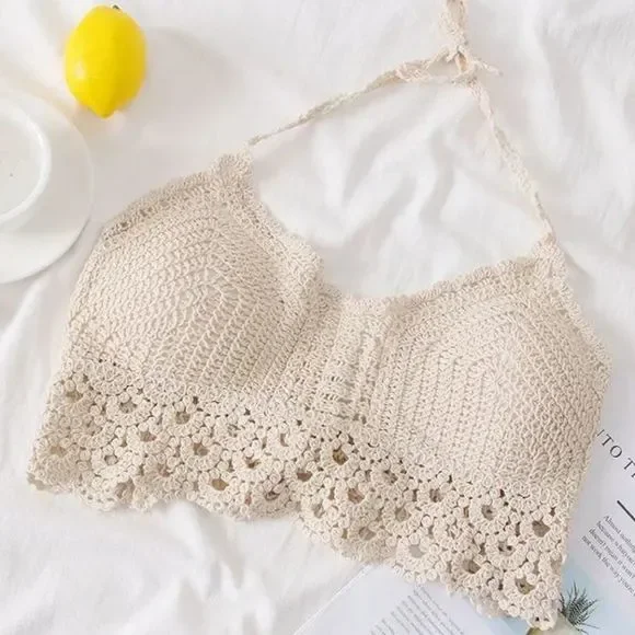 Bohemian Crochet Padded Bra Halter Crop Top - STYLE #2 - Picture 2 of 5